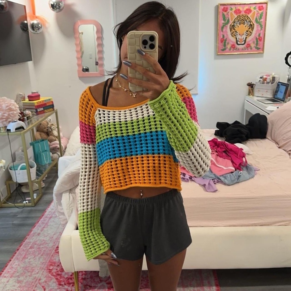 Colorful Striped Square Neck Pointelle Pullover Knit Sweater Size XL Wild Fable - Picture 4 of 11